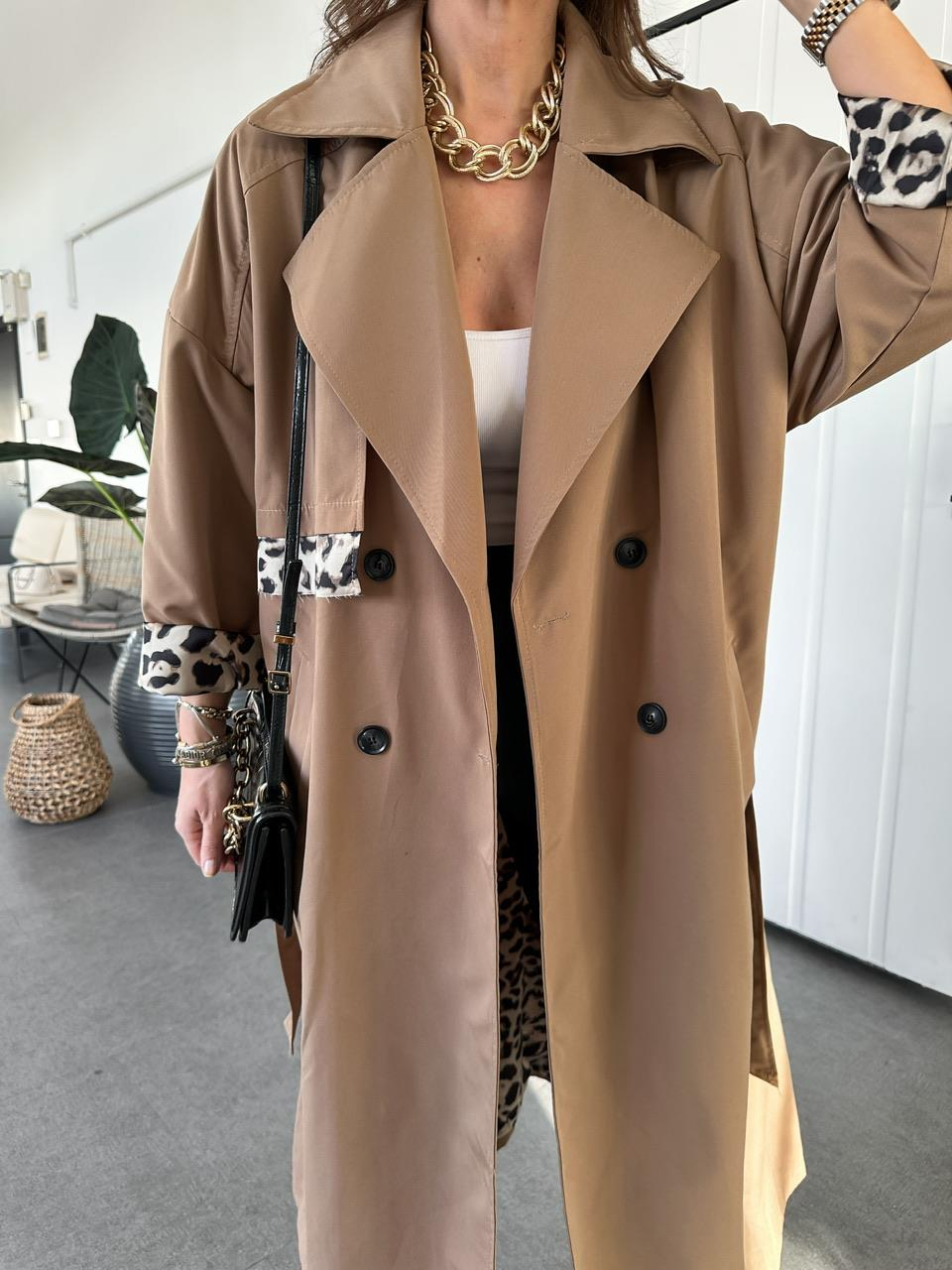 Camel Leopar Detaylı Trençkot