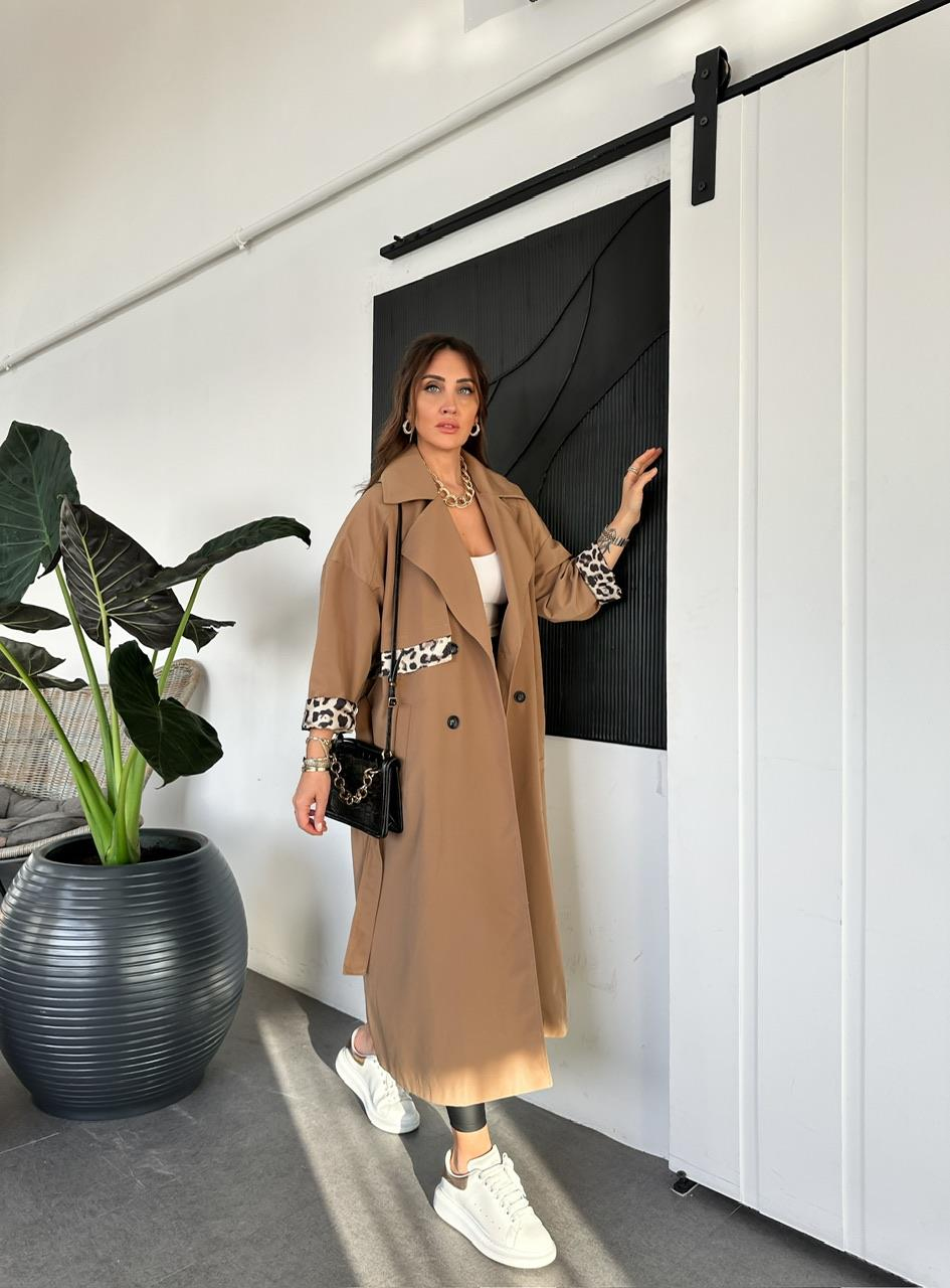 Camel Leopar Detaylı Trençkot