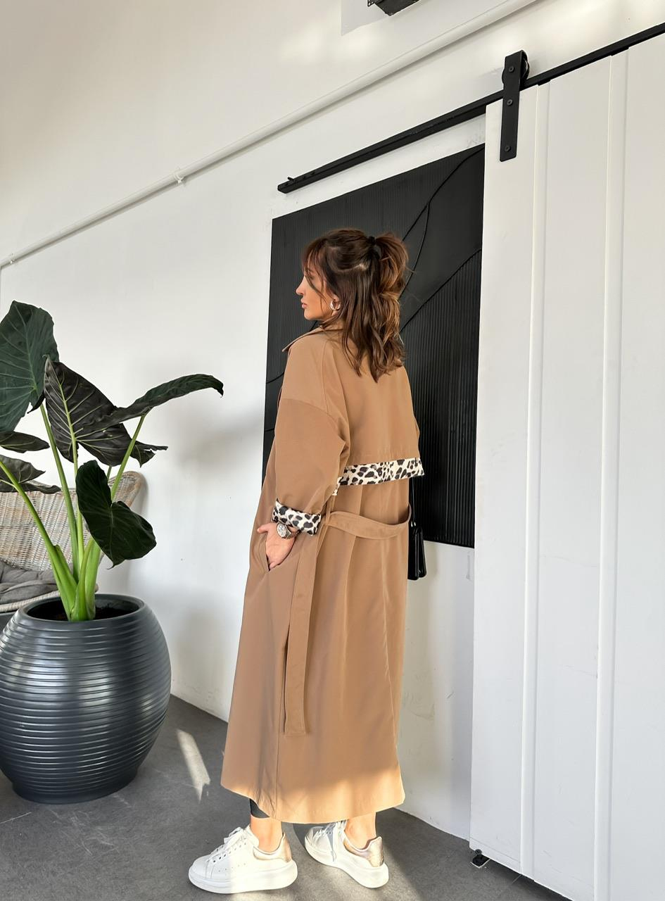 Camel Leopar Detaylı Trençkot