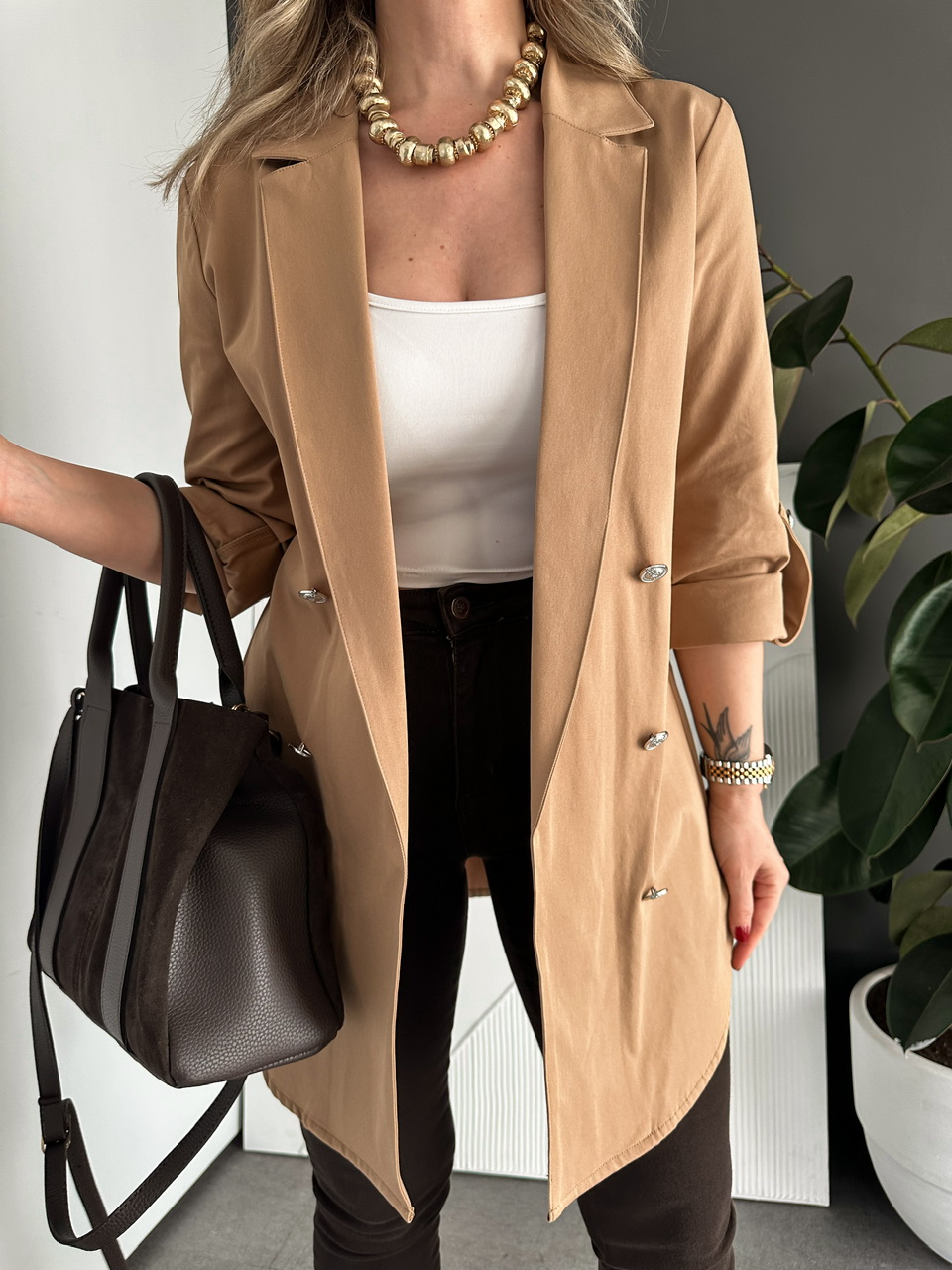 Camel Manşetli Cotton Blazer Ceket