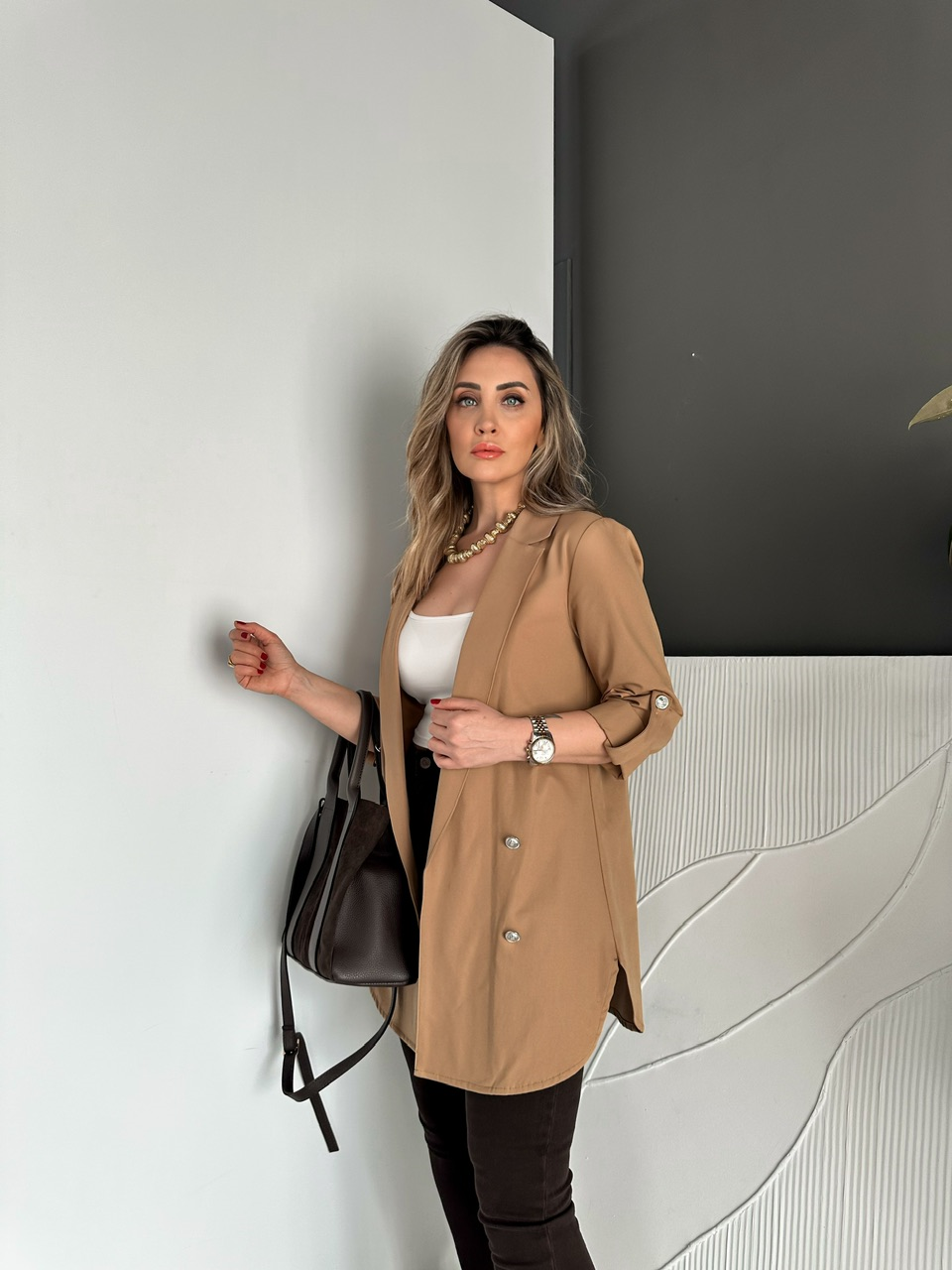 Camel Manşetli Cotton Blazer Ceket