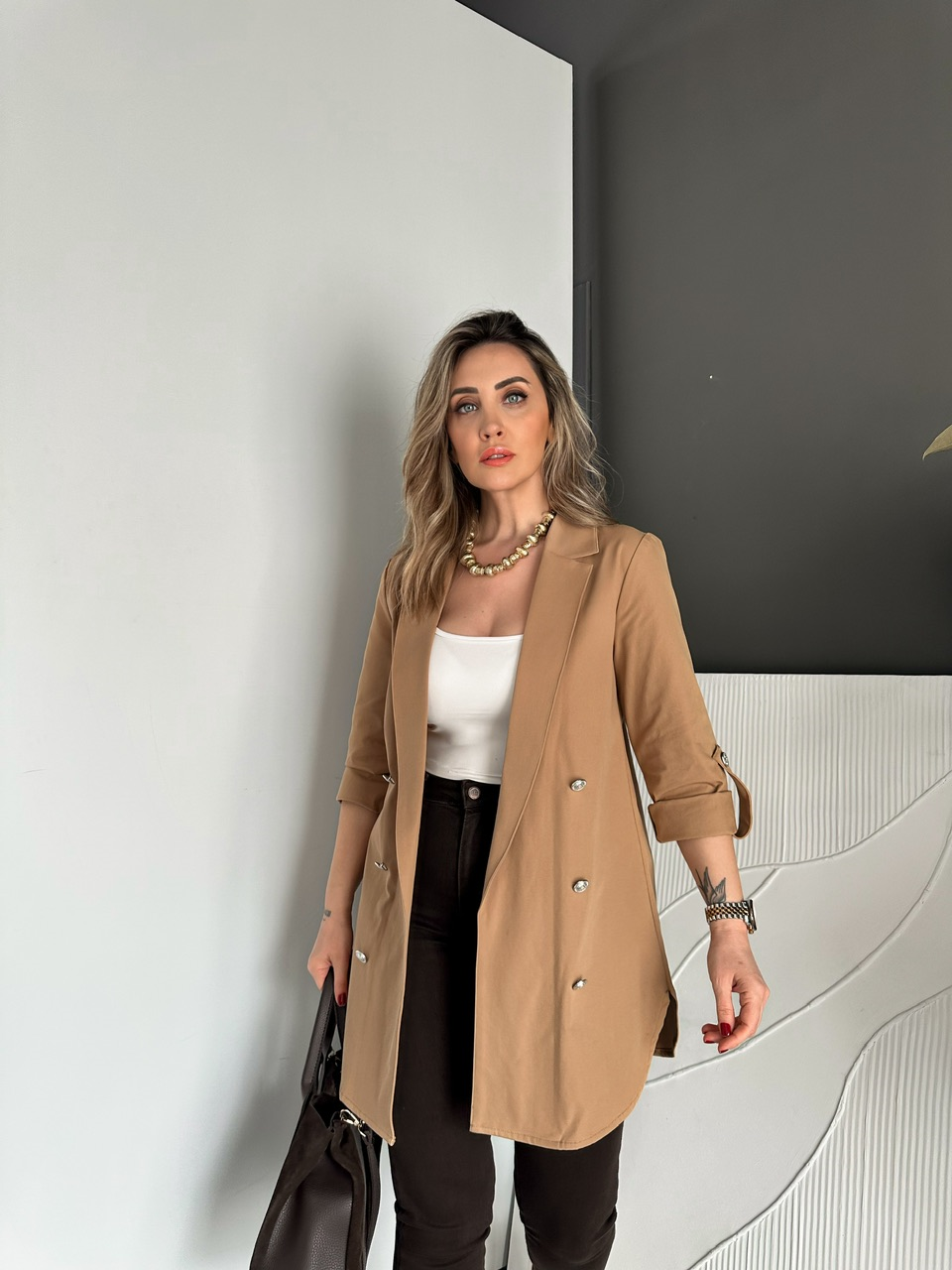 Camel Manşetli Cotton Blazer Ceket