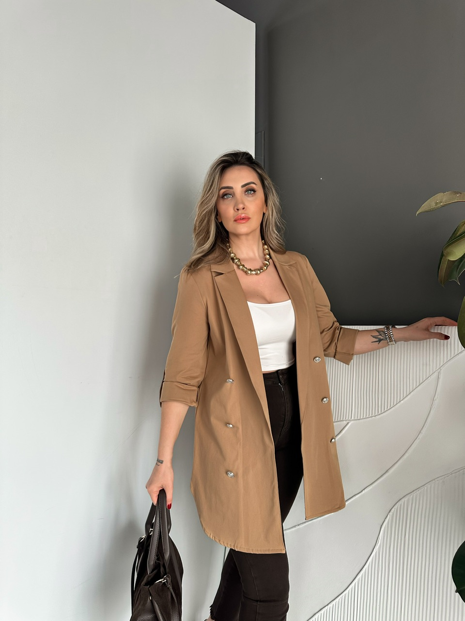 Camel Manşetli Cotton Blazer Ceket