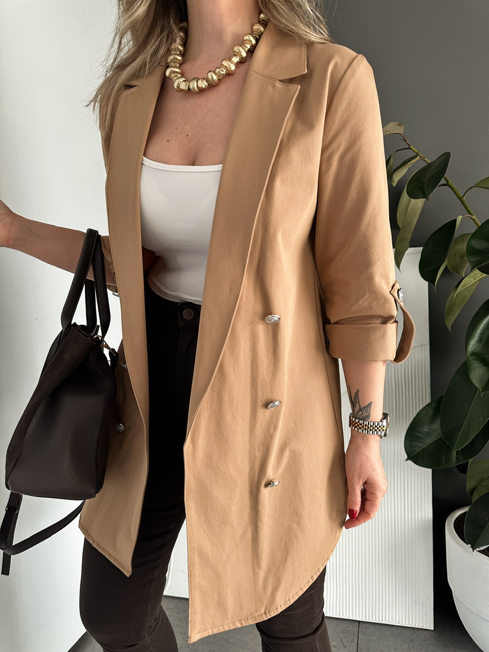 Camel Manşetli Cotton Blazer Ceket