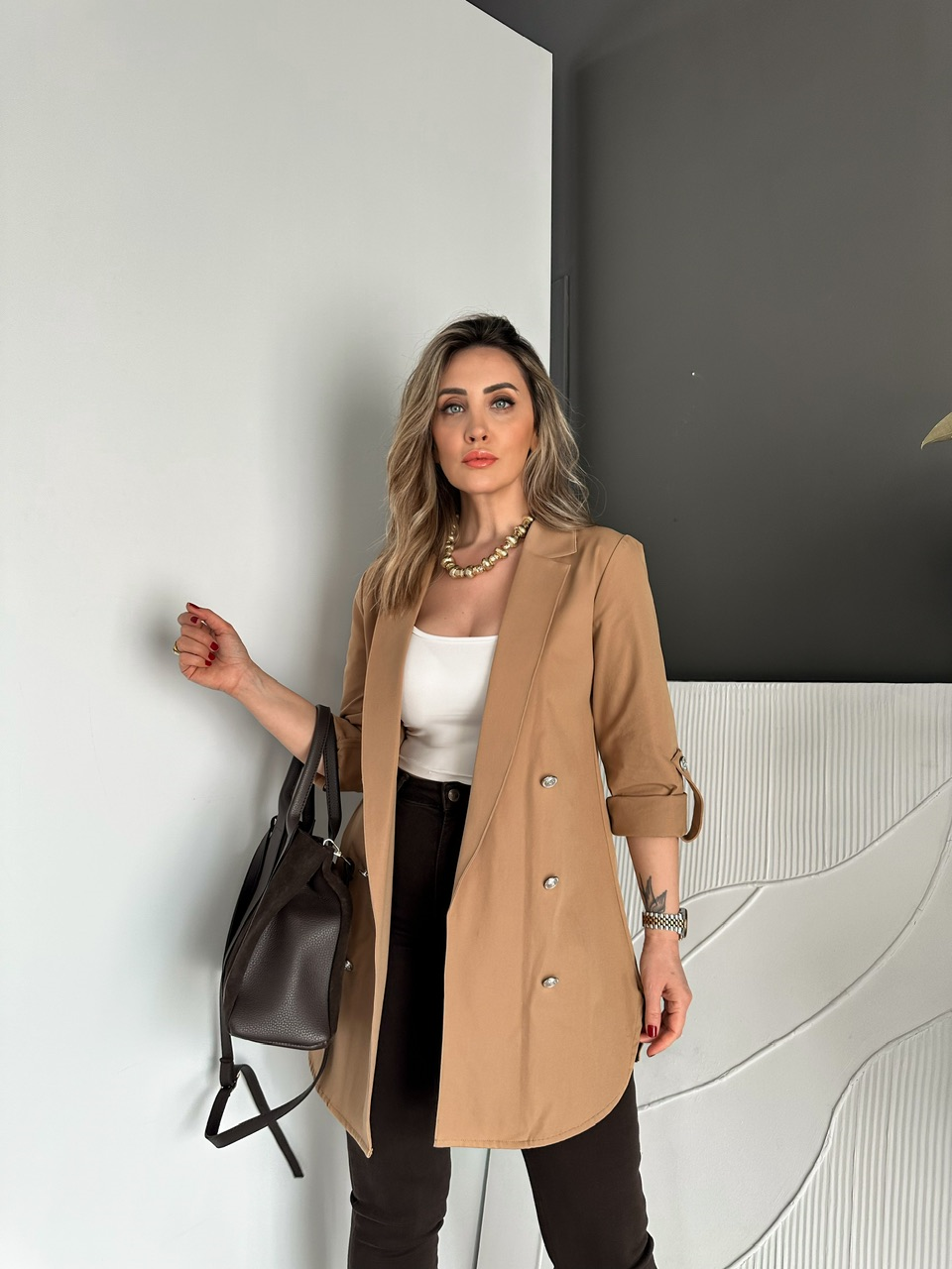 Camel Manşetli Cotton Blazer Ceket