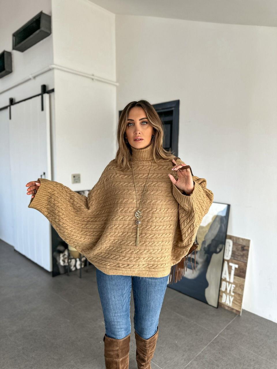 Camel Saç Örgülü Yarasa Kol Kazak
