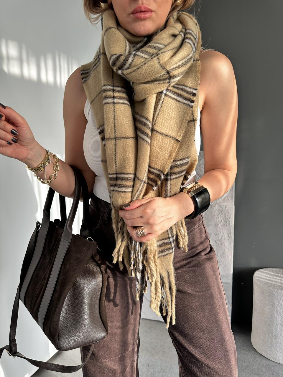 Camel Siyah Çizgili Püsküllü Yumuşak Dokulu Şal