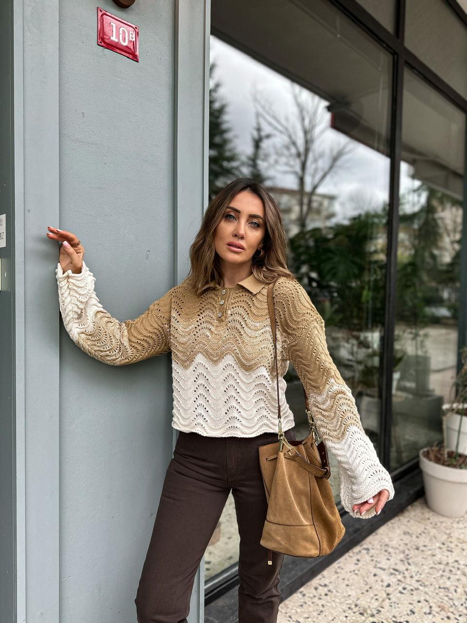 Camel Taş Düğmeli Triko