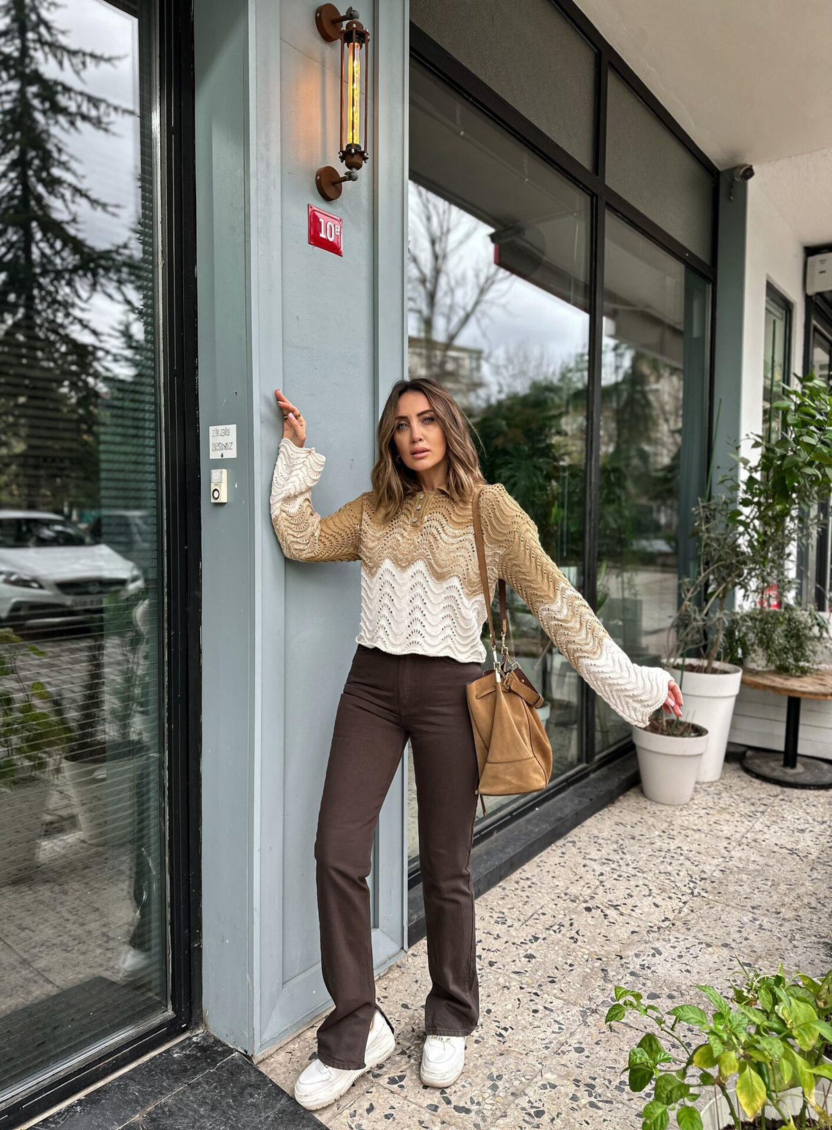 Camel Taş Düğmeli Triko