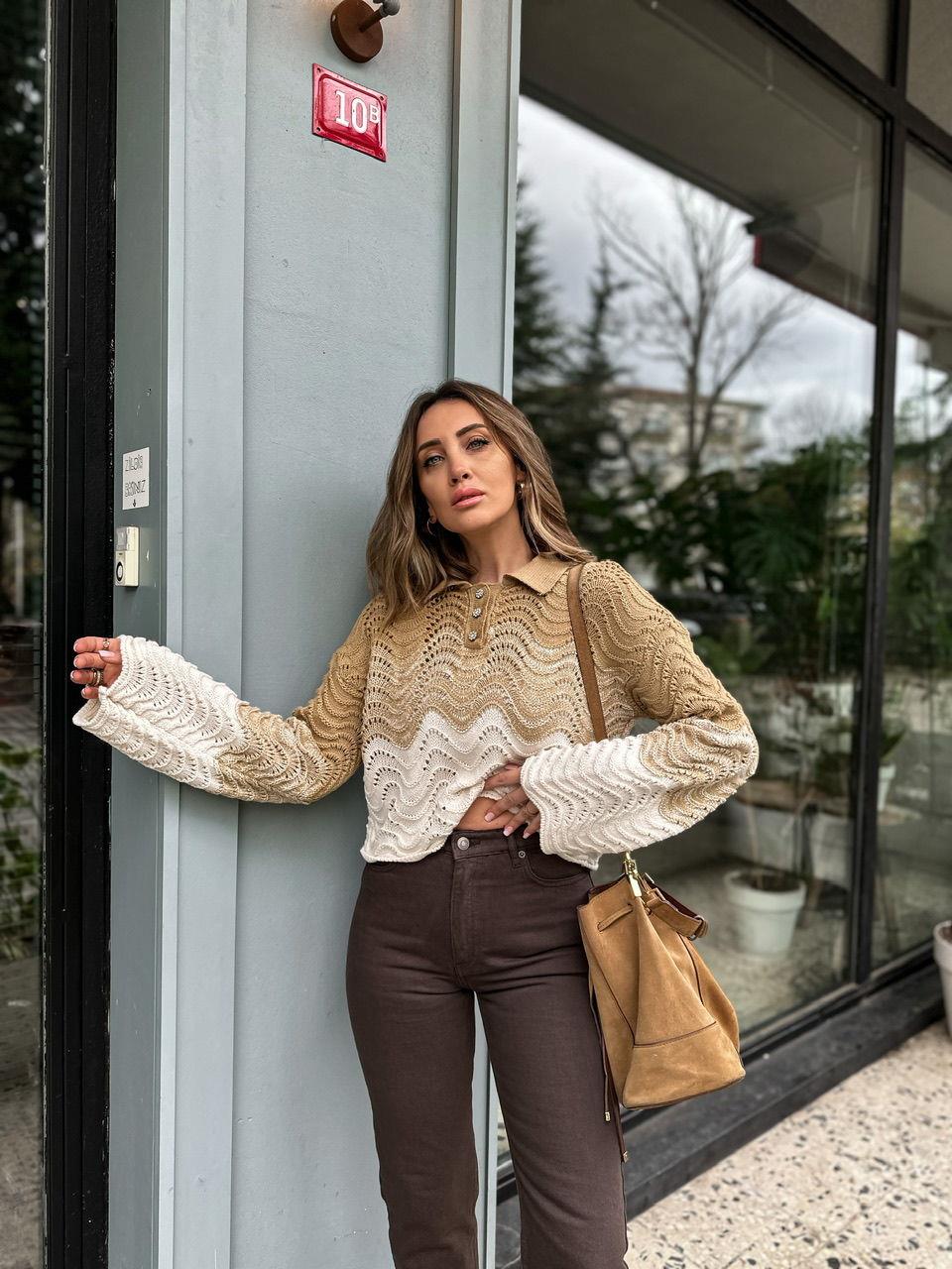 Camel Taş Düğmeli Triko
