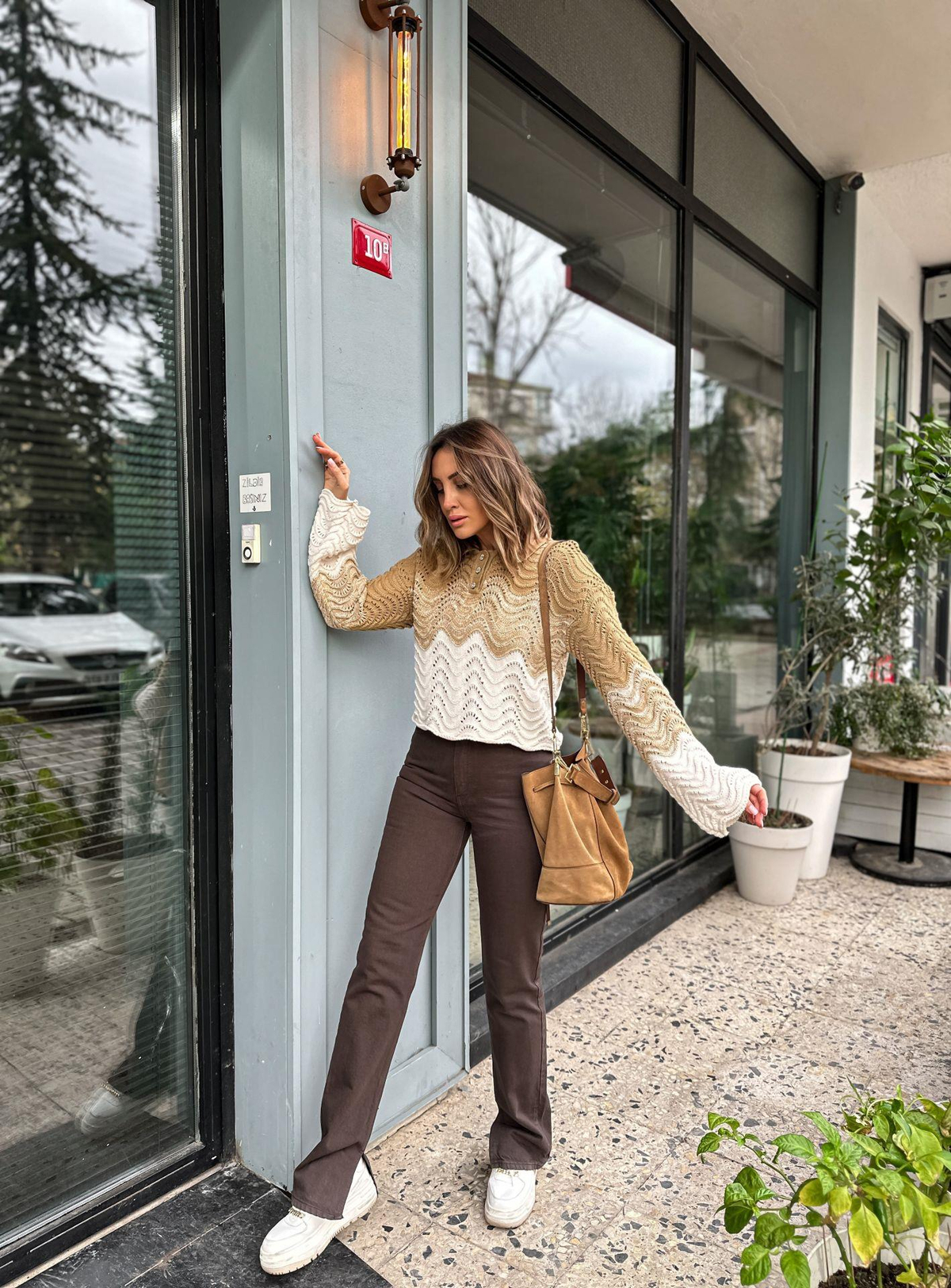 Camel Taş Düğmeli Triko