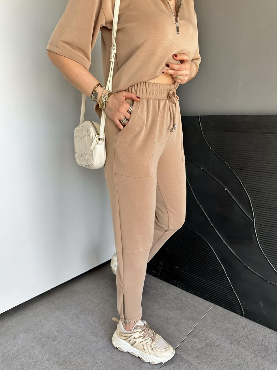 Camel Yaka Ve Paçası Fermuarlı Takım