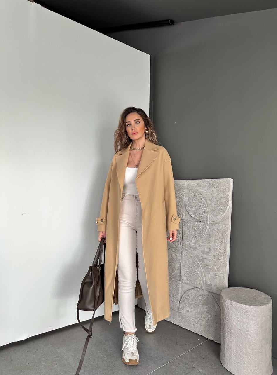 Camel Yanları Gold Düğmeli Kaşe Kaban
