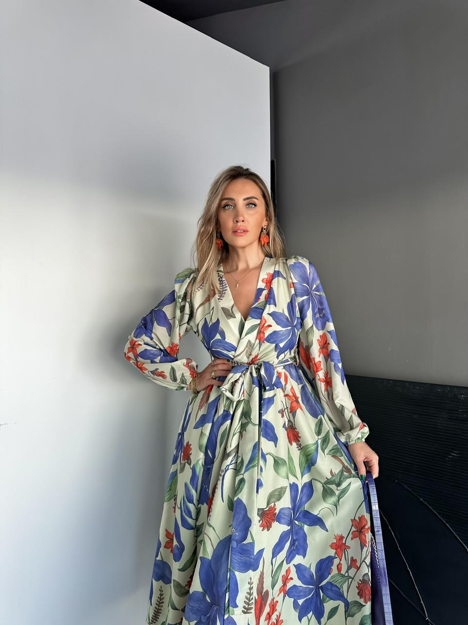 Çiçek Desenli Kuşaklı Anvelop Elbise