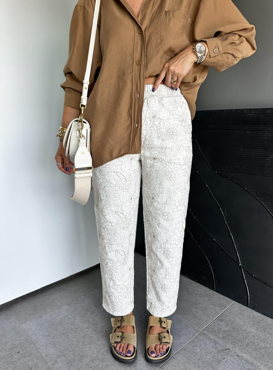 Çiçek Nakışlı Keten Pantolon