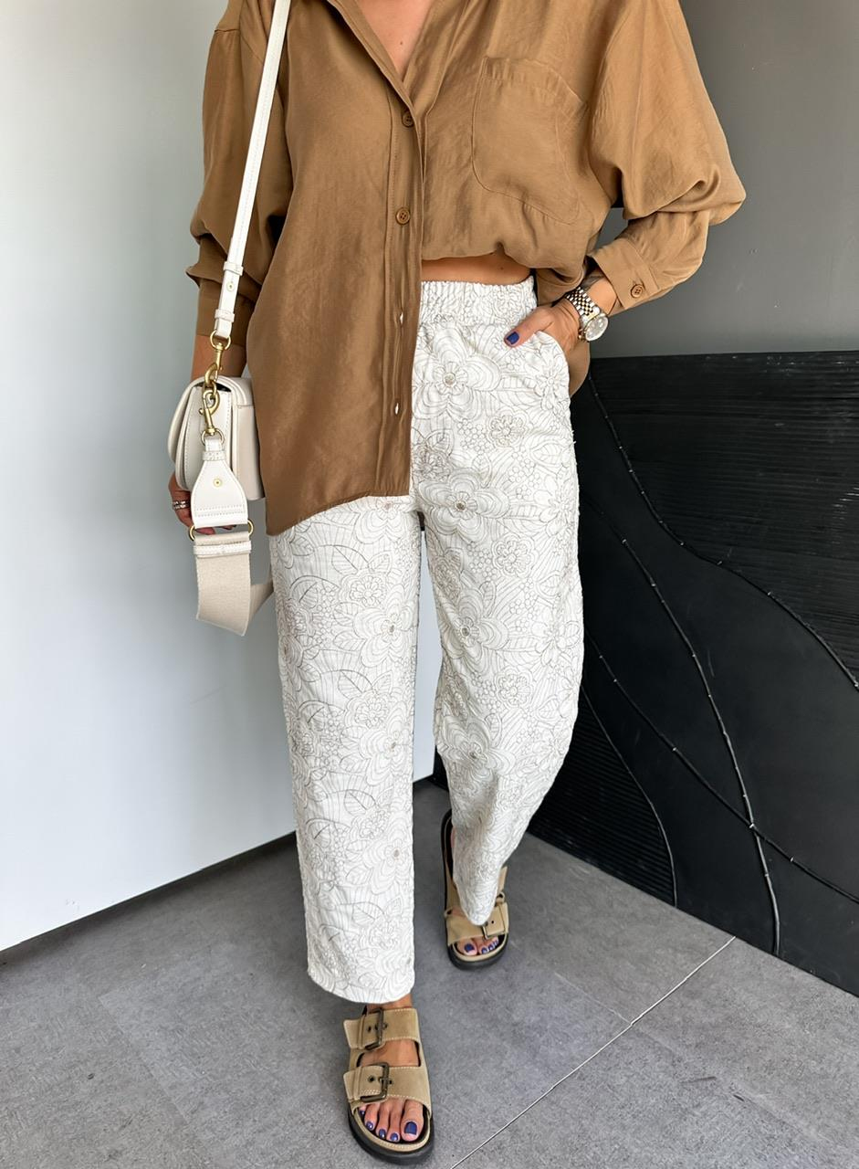 Çiçek Nakışlı Keten Pantolon
