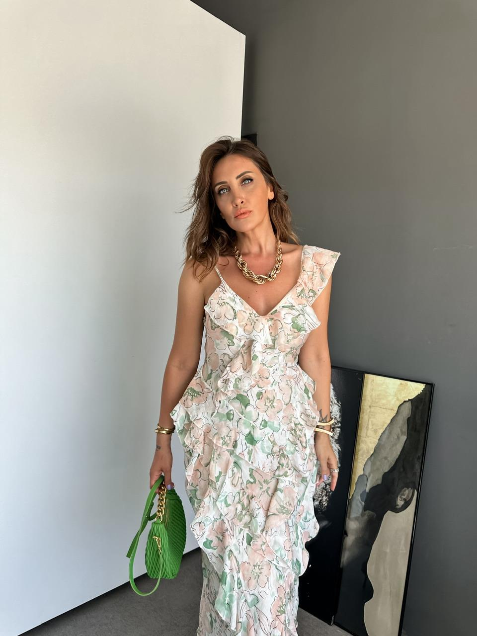 Çiçekli Tek Omzu Volanlı Şifon Elbise