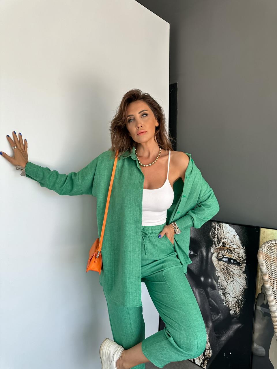 Çimen Yeşili Keten Gömlekli Basic Takım