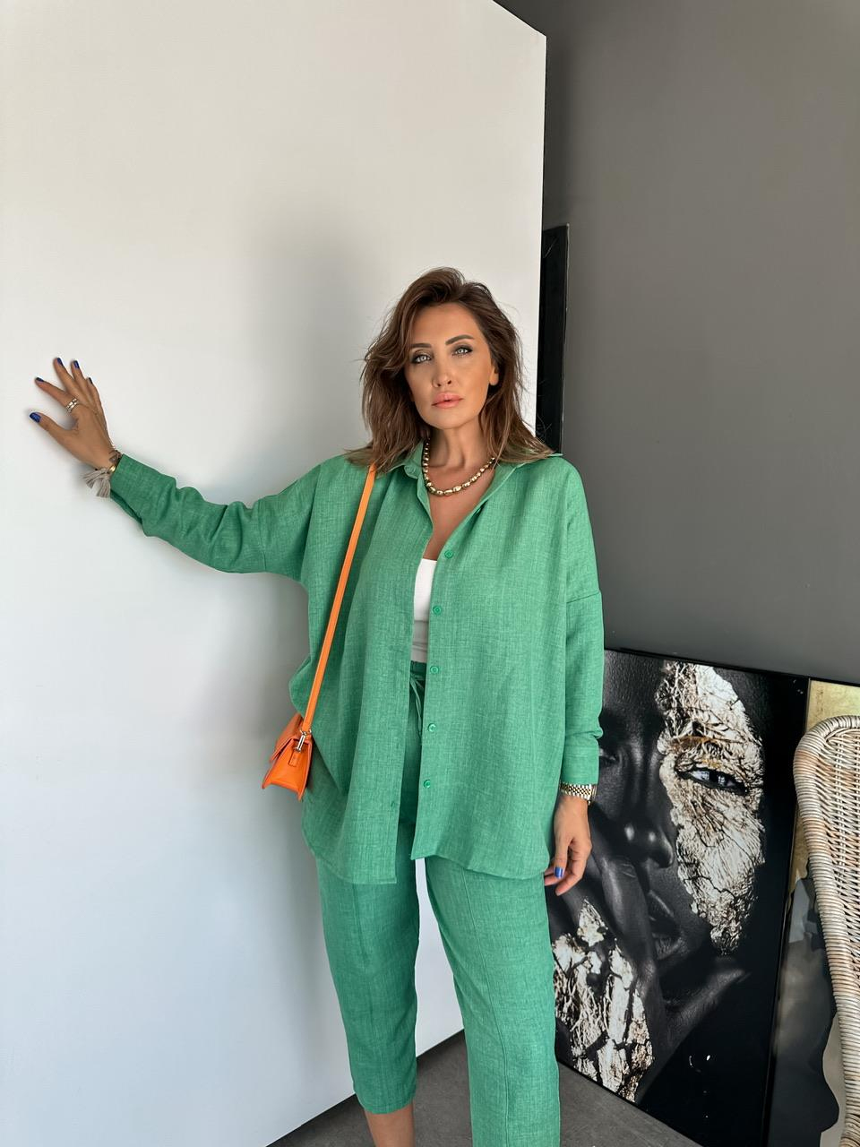 Çimen Yeşili Keten Gömlekli Basic Takım