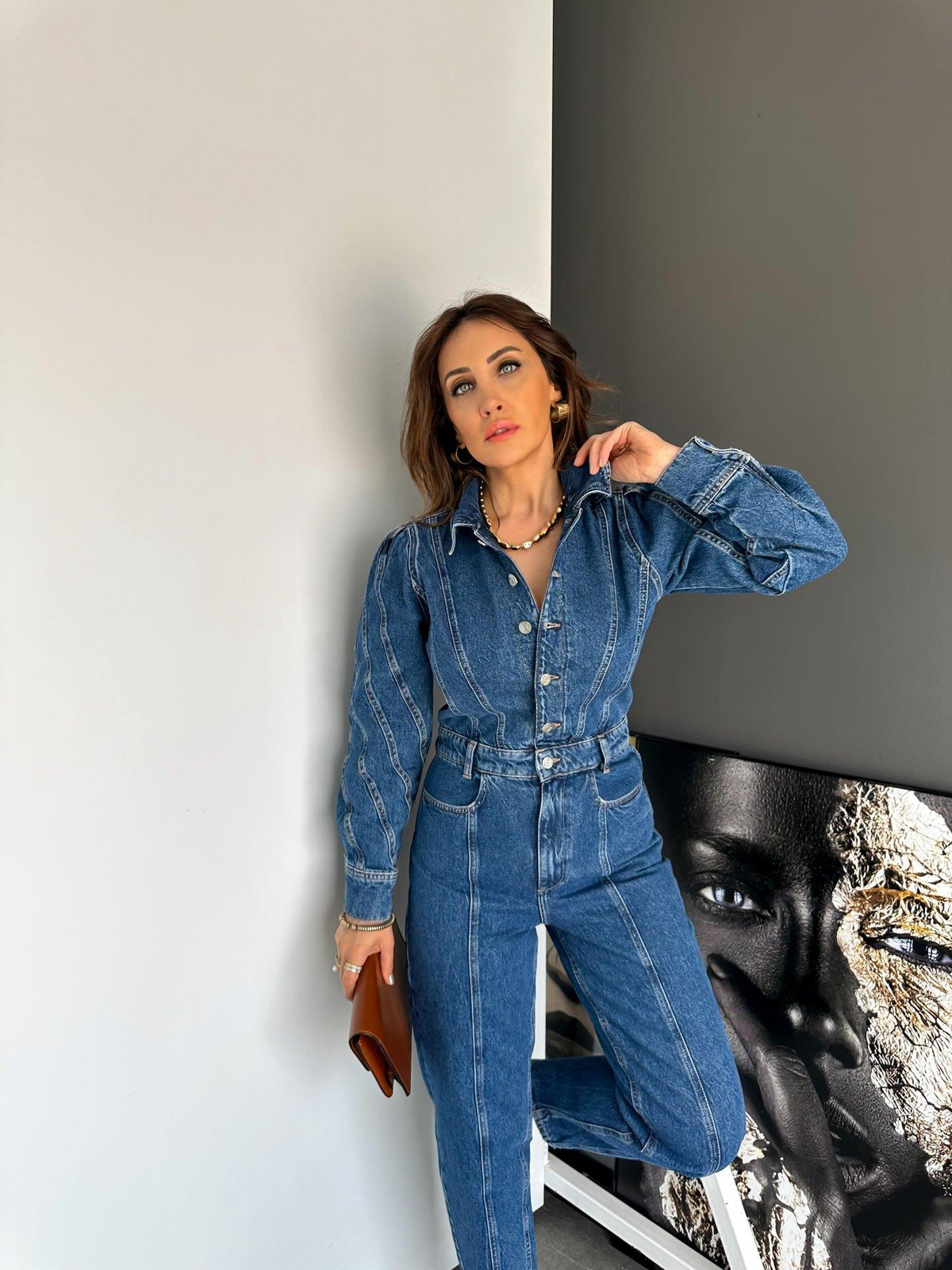 Dikiş Ve Düğme Detaylı Denim Tulum