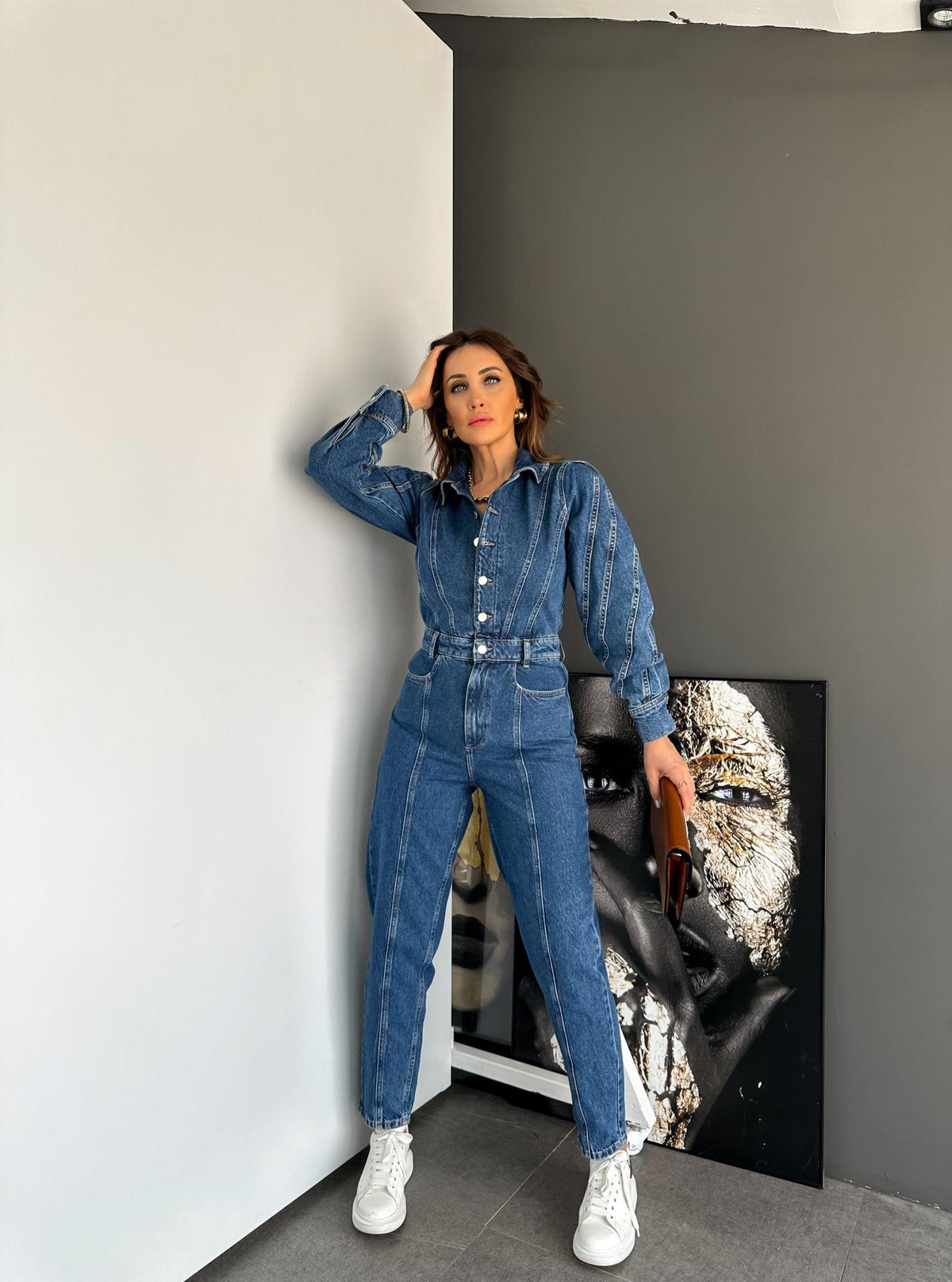 Dikiş Ve Düğme Detaylı Denim Tulum