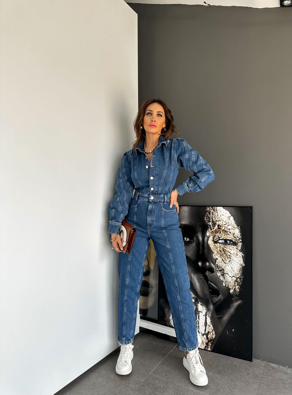 Dikiş Ve Düğme Detaylı Denim Tulum