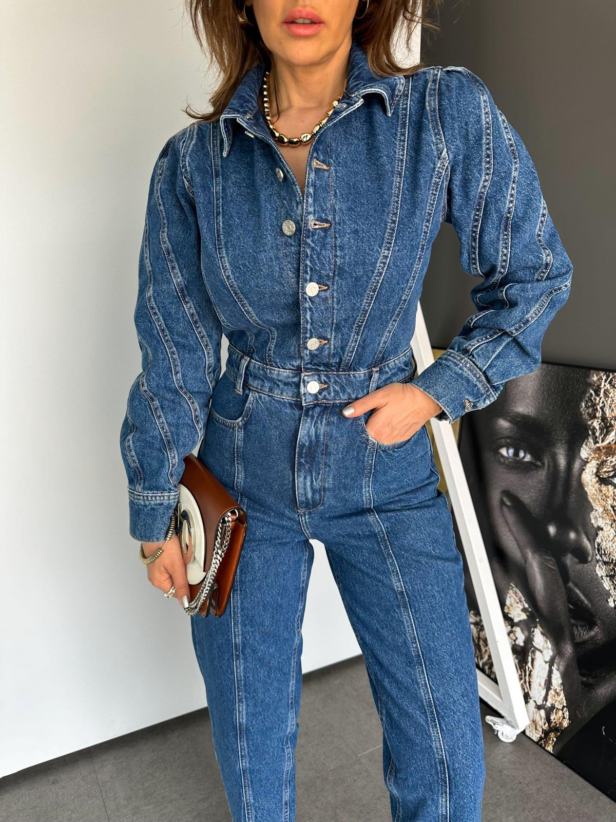 Dikiş Ve Düğme Detaylı Denim Tulum