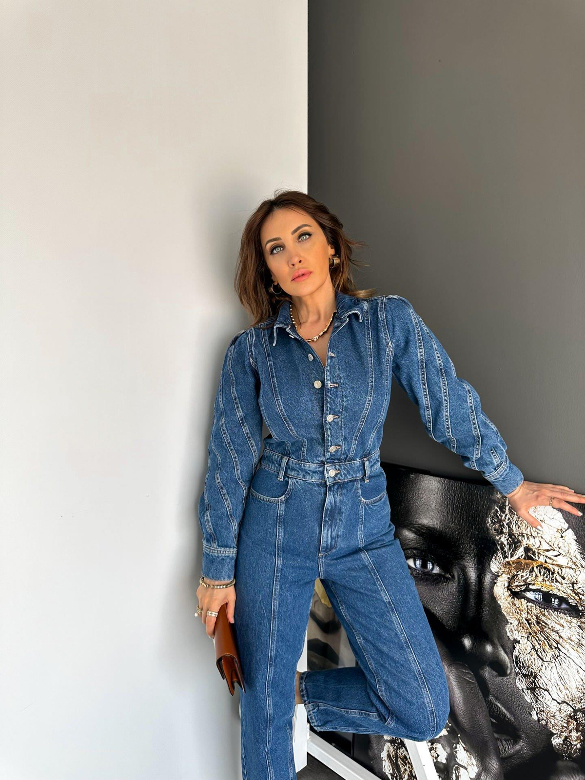 Dikiş Ve Düğme Detaylı Denim Tulum