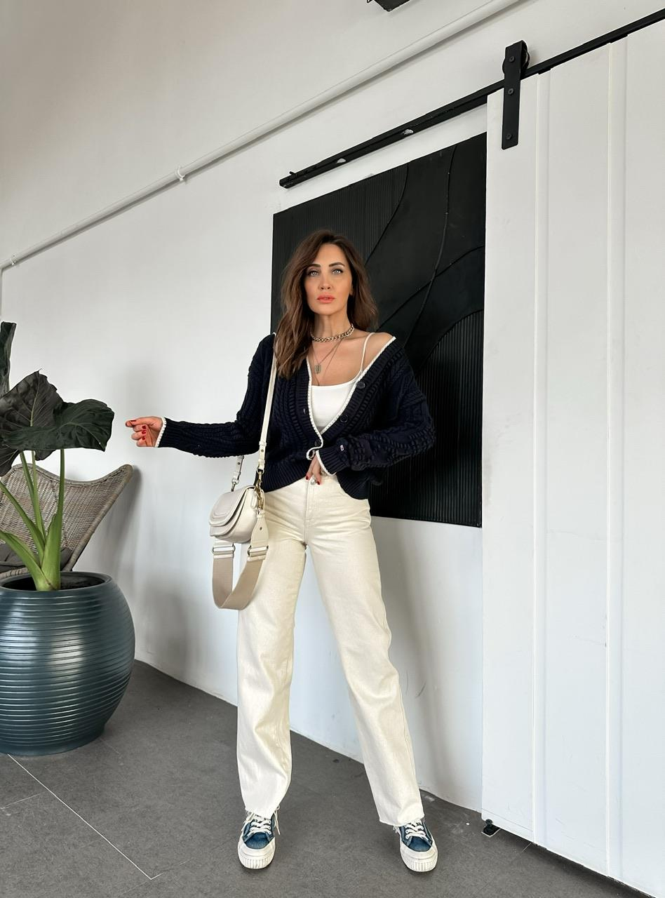 Ekru Bel Detaylı Orijinal Jean