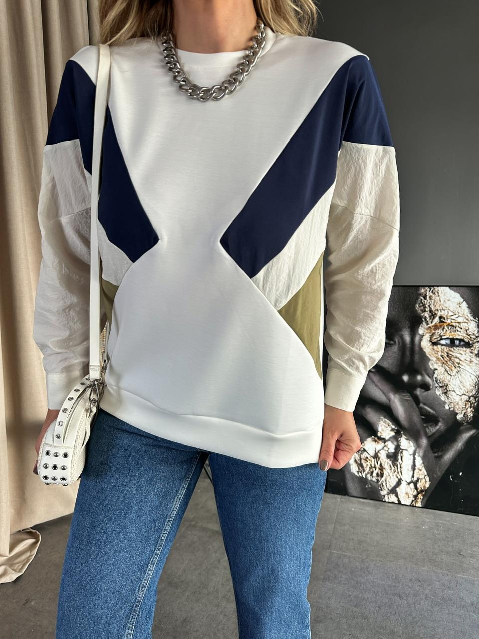 Ekru Gömlek Kollu Tasarım Sweatashirt