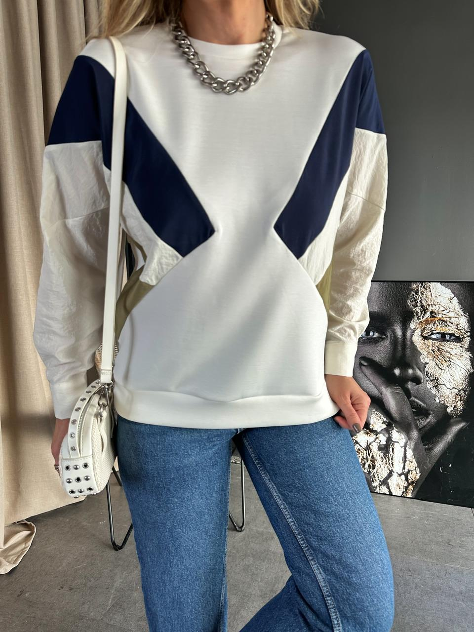 Ekru Gömlek Kollu Tasarım Sweatashirt