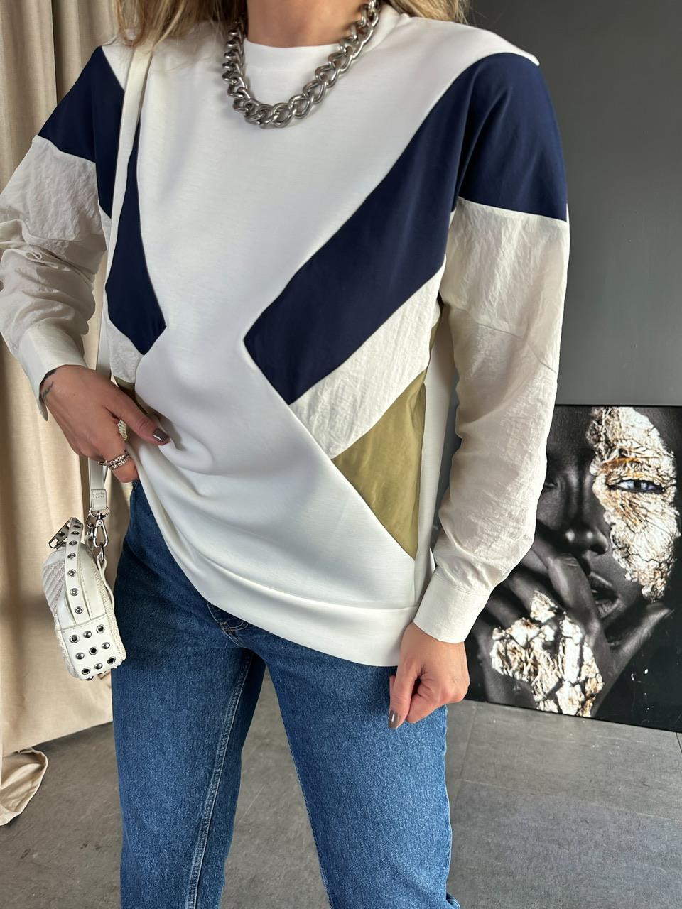 Ekru Gömlek Kollu Tasarım Sweatashirt