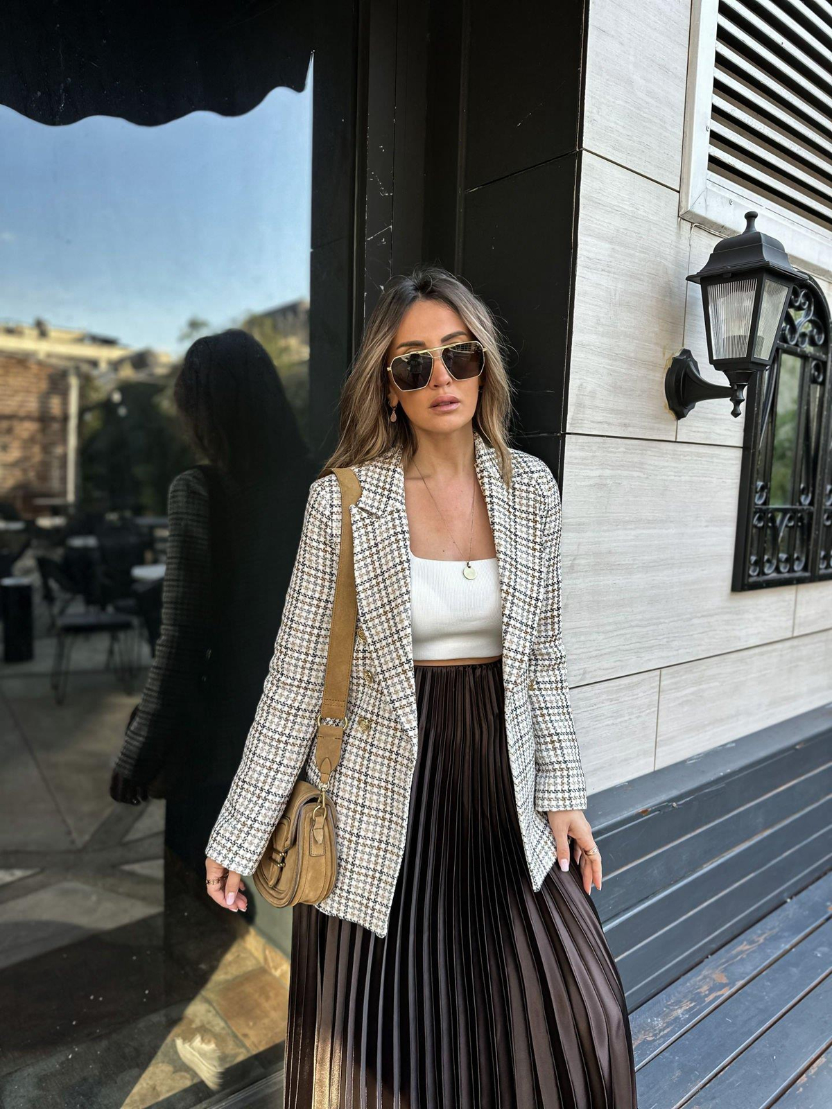 Ekru Kahve Desenli Gold Düğmeli Blazer