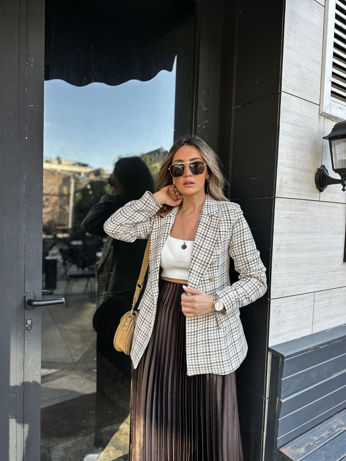 Ekru Kahve Desenli Gold Düğmeli Blazer