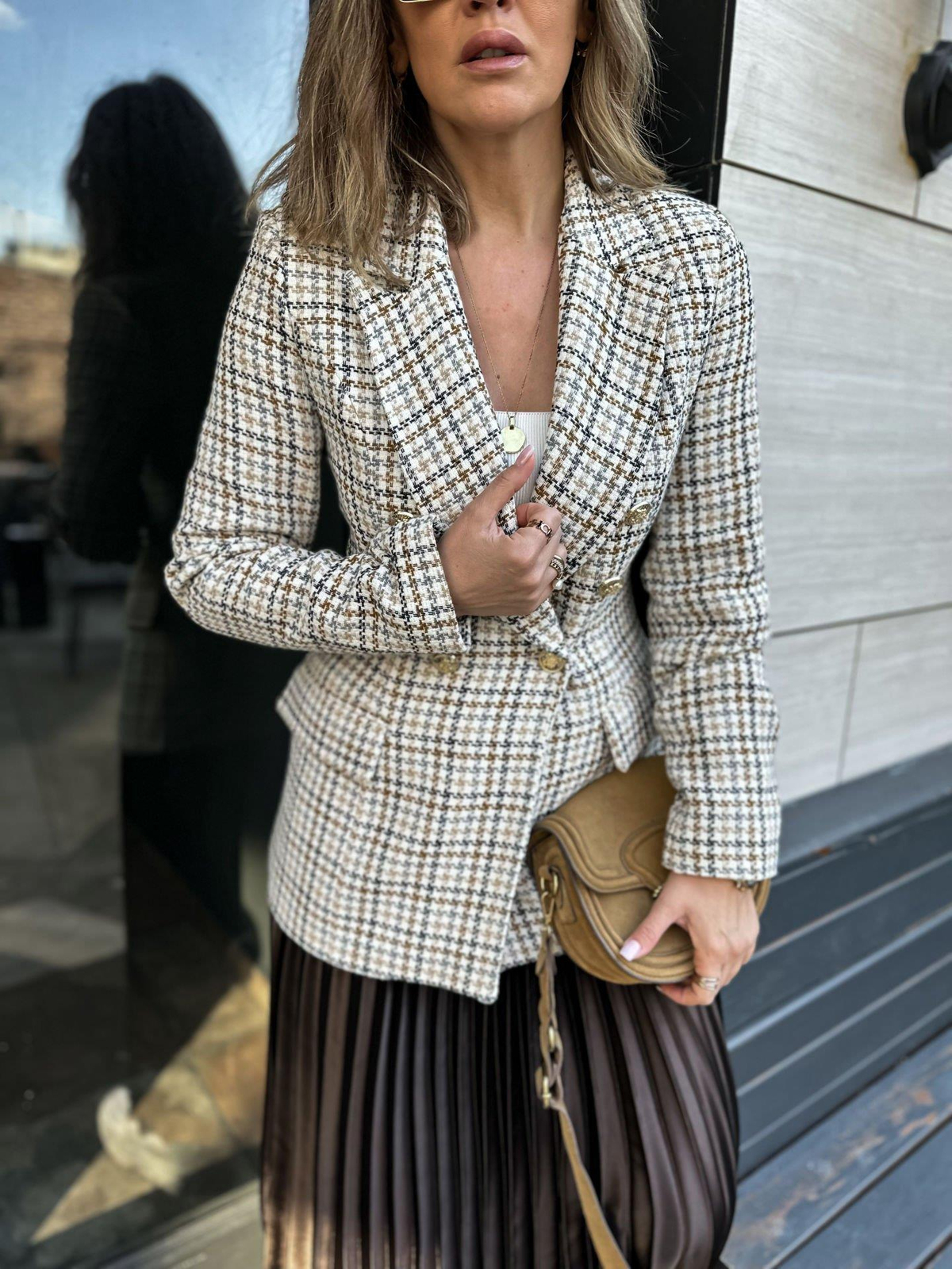 Ekru Kahve Desenli Gold Düğmeli Blazer