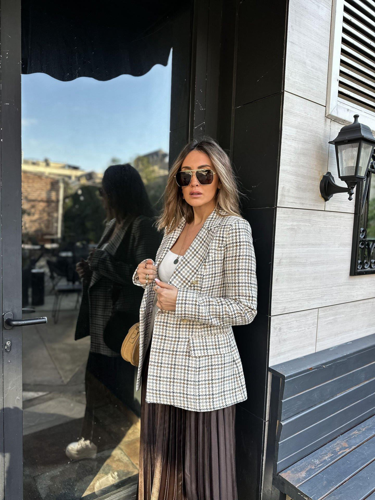 Ekru Kahve Desenli Gold Düğmeli Blazer