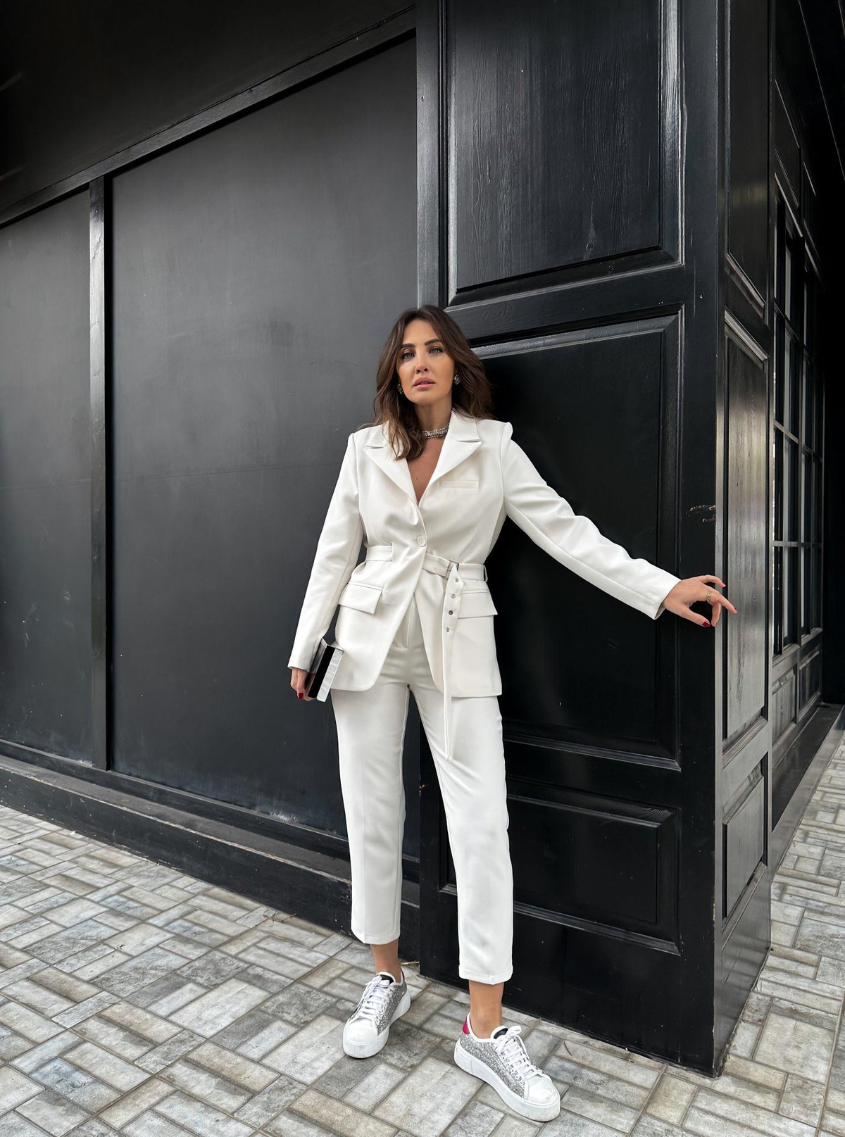 Ekru Kemerli Tasarım Blazer Ceket