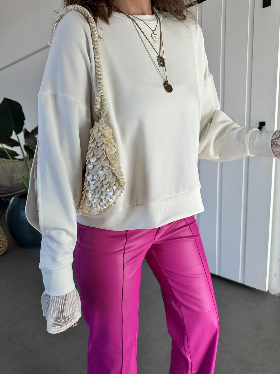 Ekru Kolları Dantelli Sweatshirt