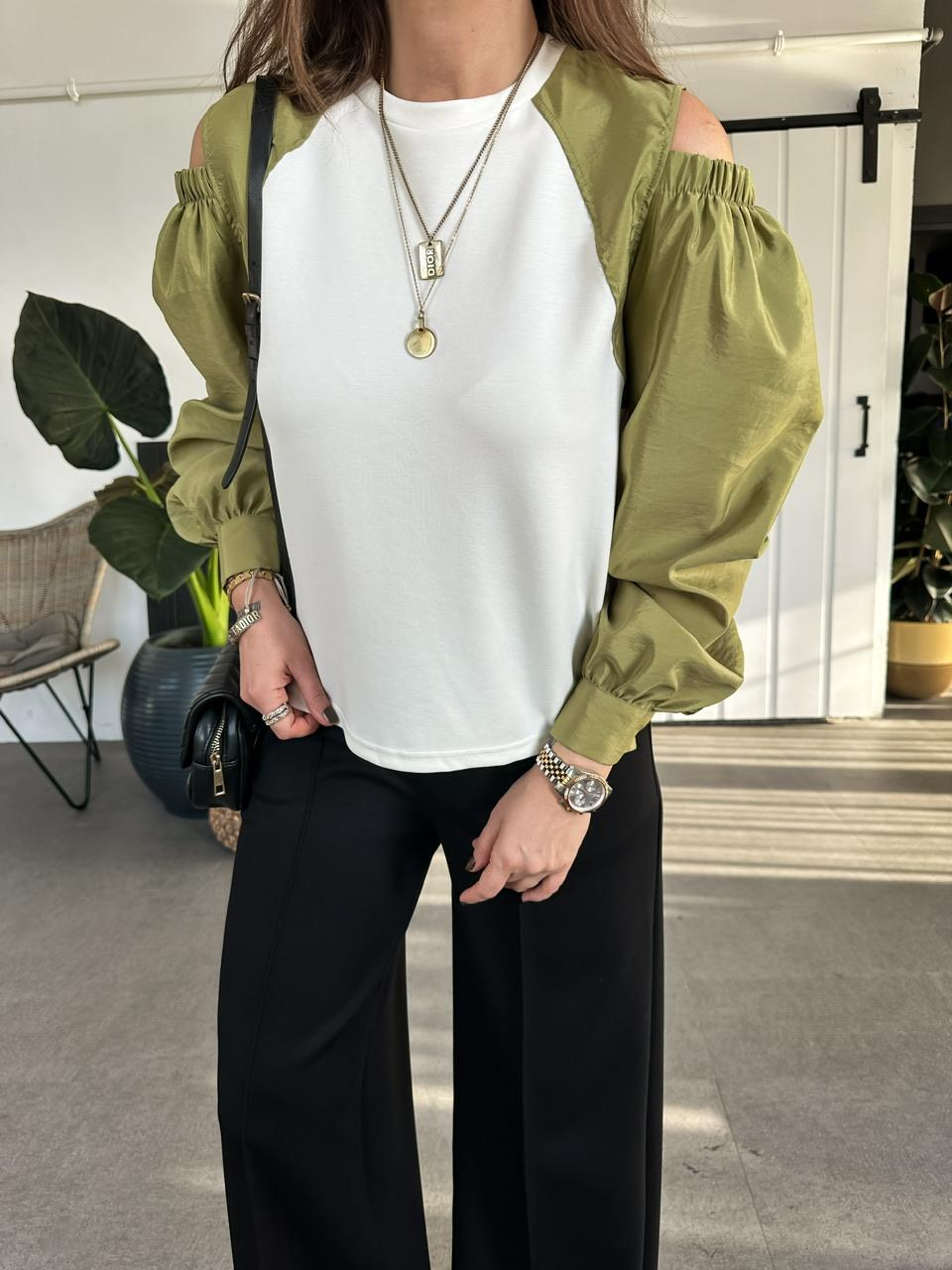 Ekru Omuz Detaylı Paraşüt Kollu Sweatshirt