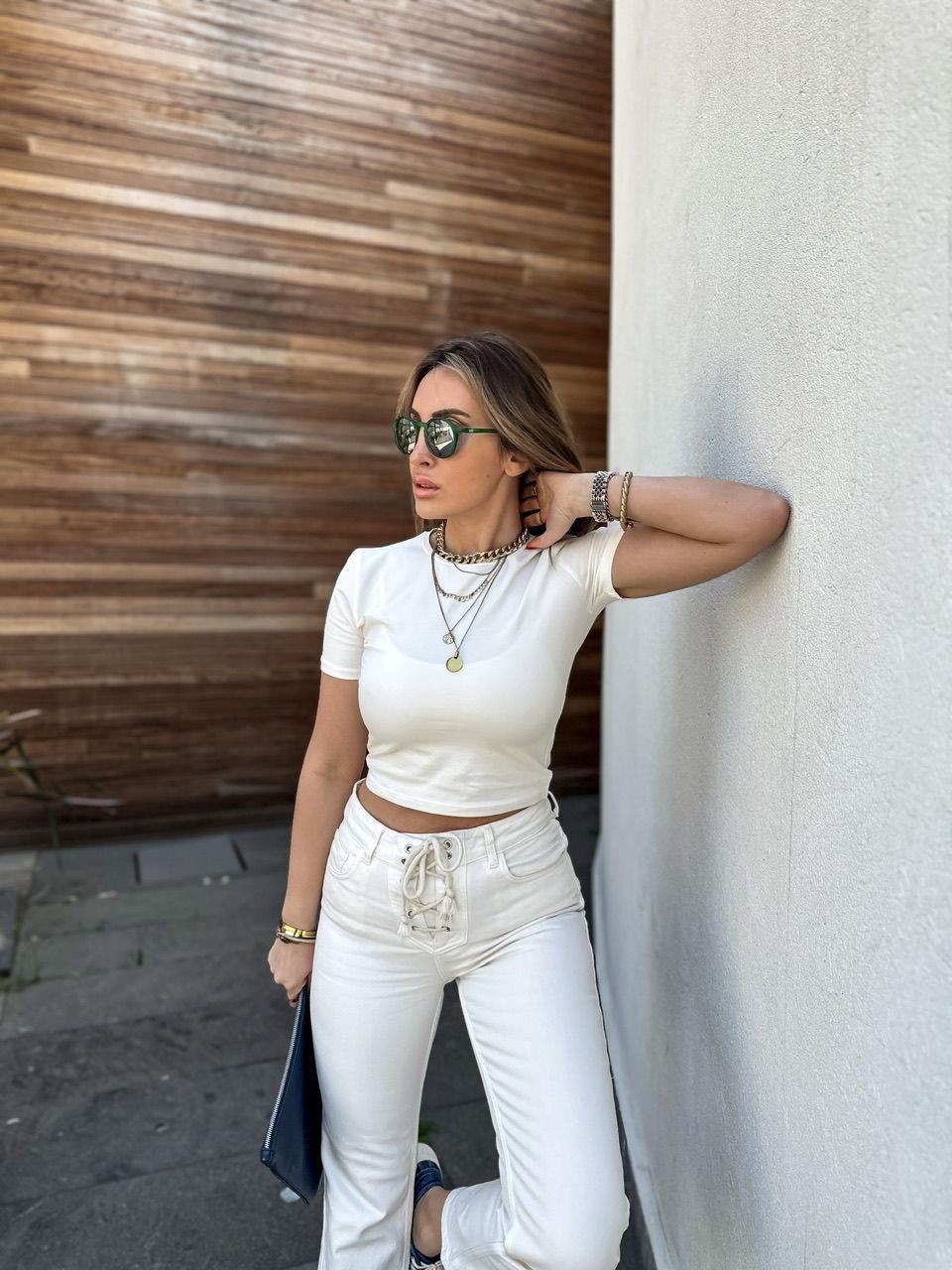 Ekru Pamuklu Crop Tshirt