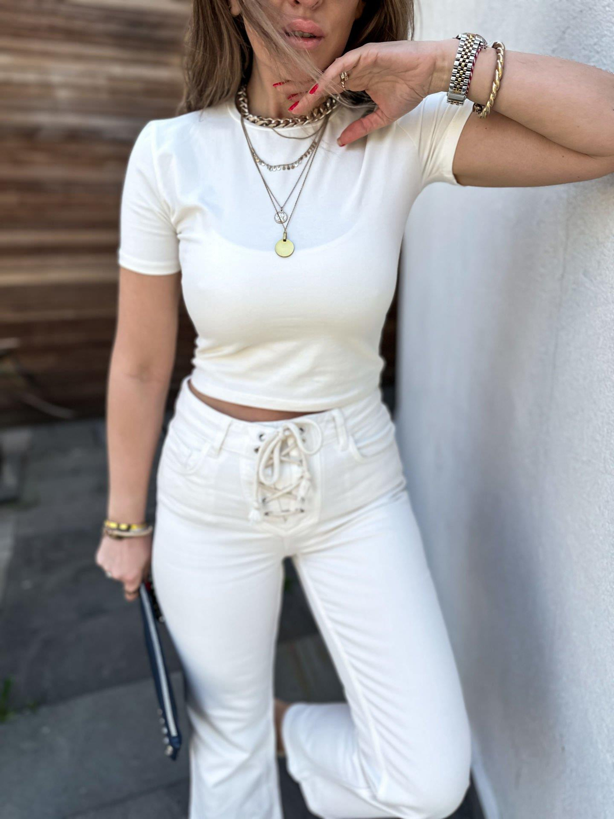 Ekru Pamuklu Crop Tshirt