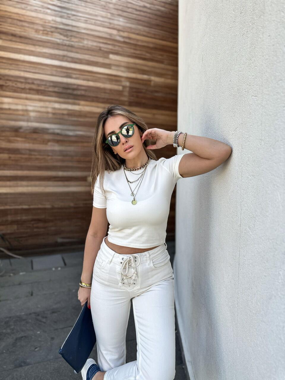 Ekru Pamuklu Crop Tshirt