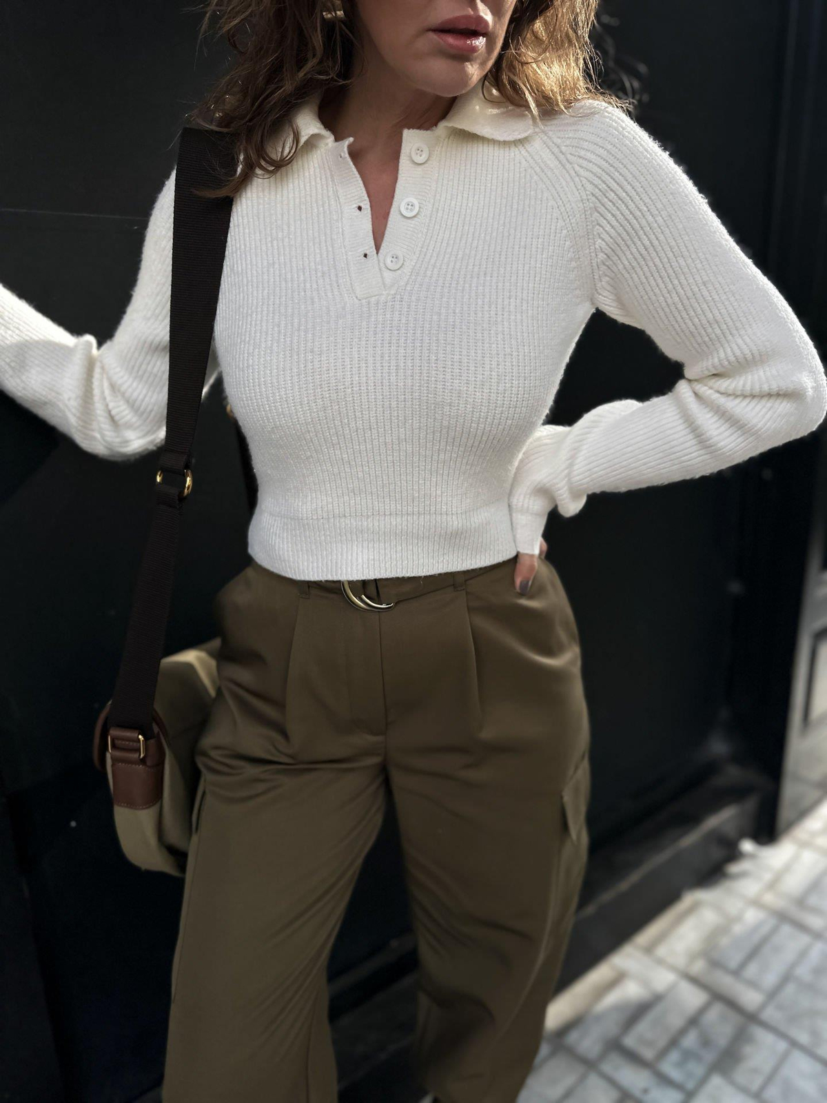 Ekru Polo Yaka Crop Kazak