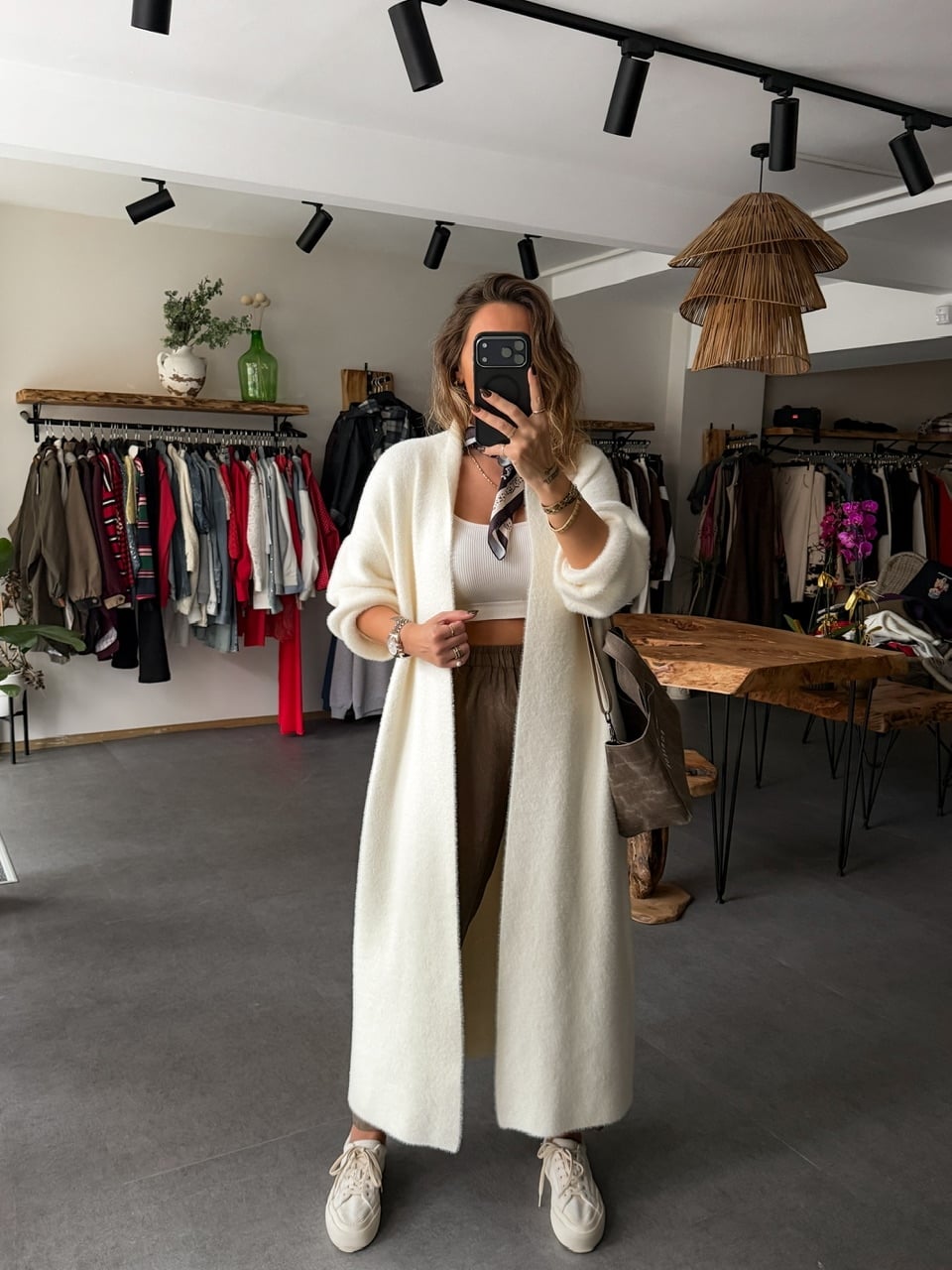 Ekru Şal Yaka Angora Uzun Hırka
