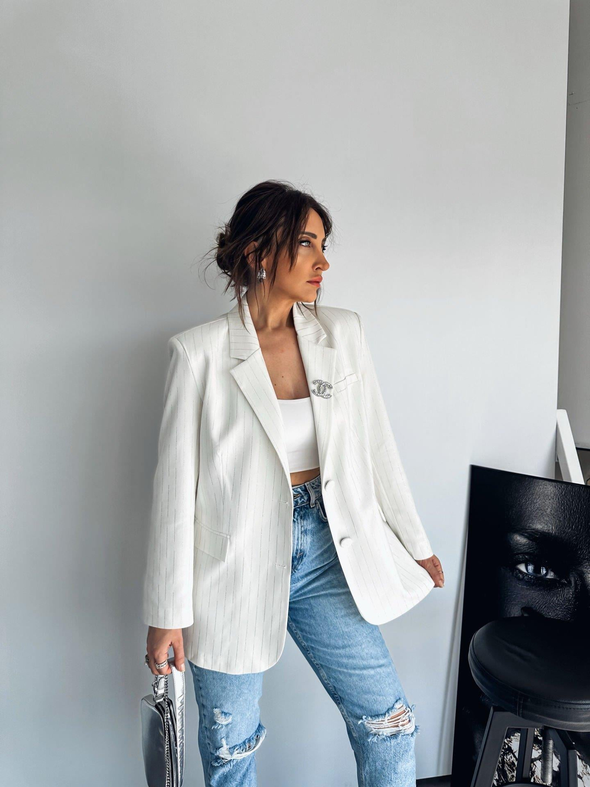 Ekru Sim Detaylı Blazer Ceket