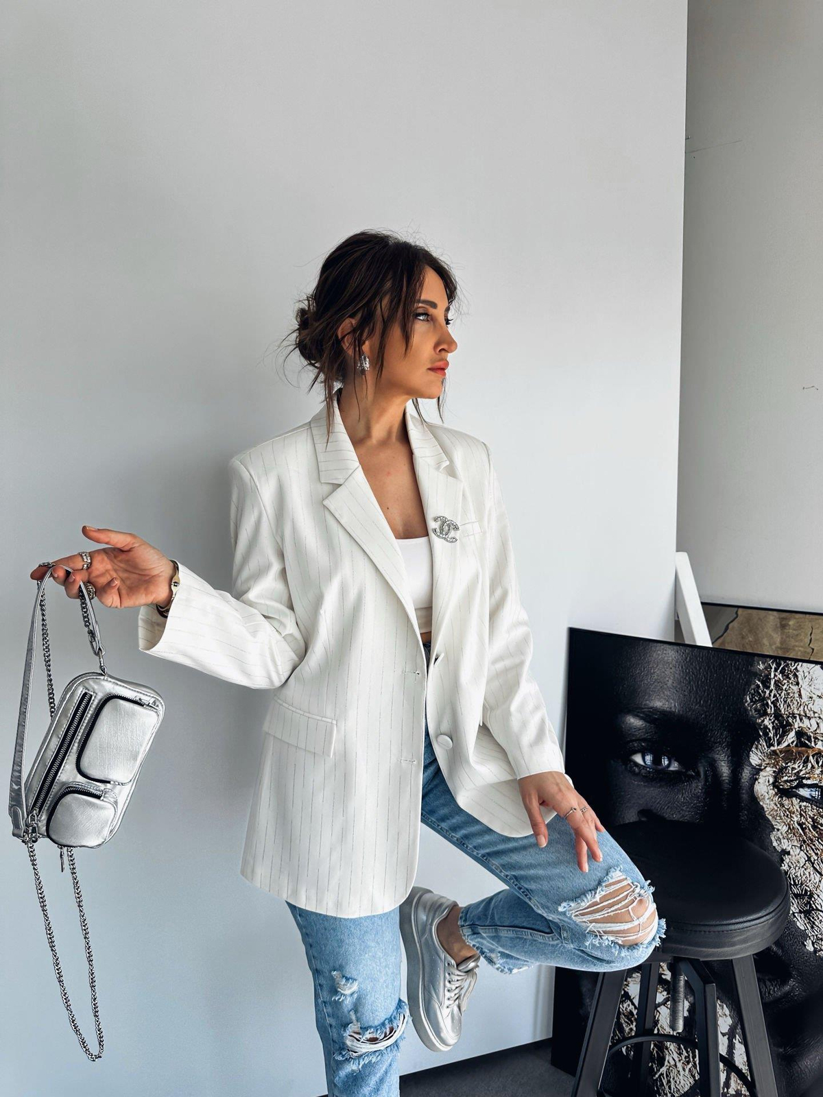 Ekru Sim Detaylı Blazer Ceket