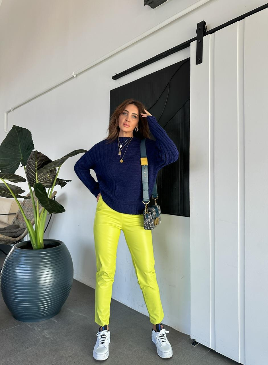 Fıstık Yeşili Beli Lastikli Basic Deri Pantolon