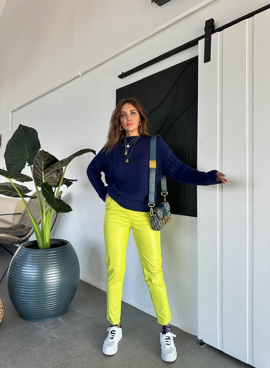 Fıstık Yeşili Beli Lastikli Basic Deri Pantolon