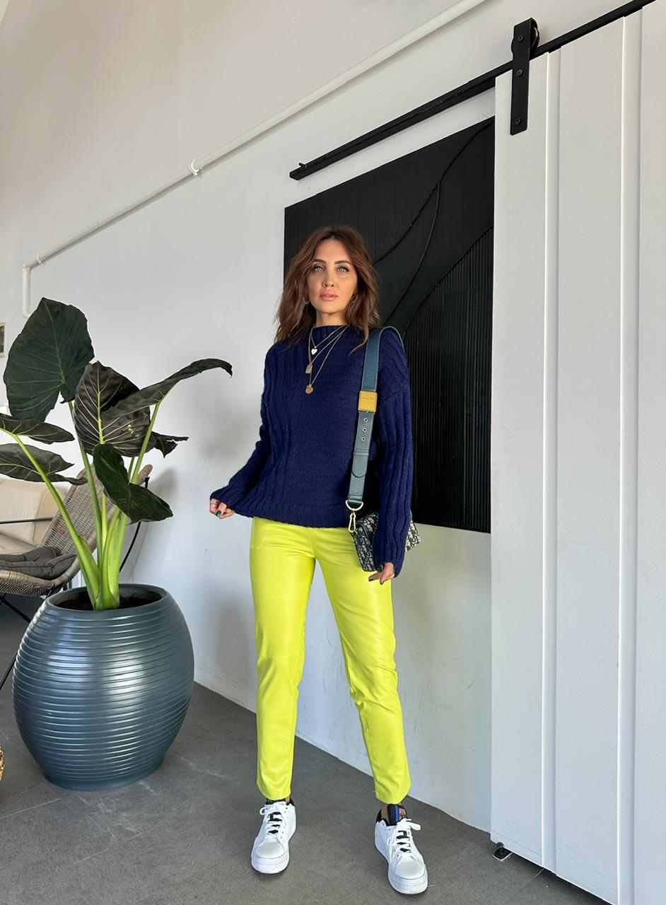 Fıstık Yeşili Beli Lastikli Basic Deri Pantolon