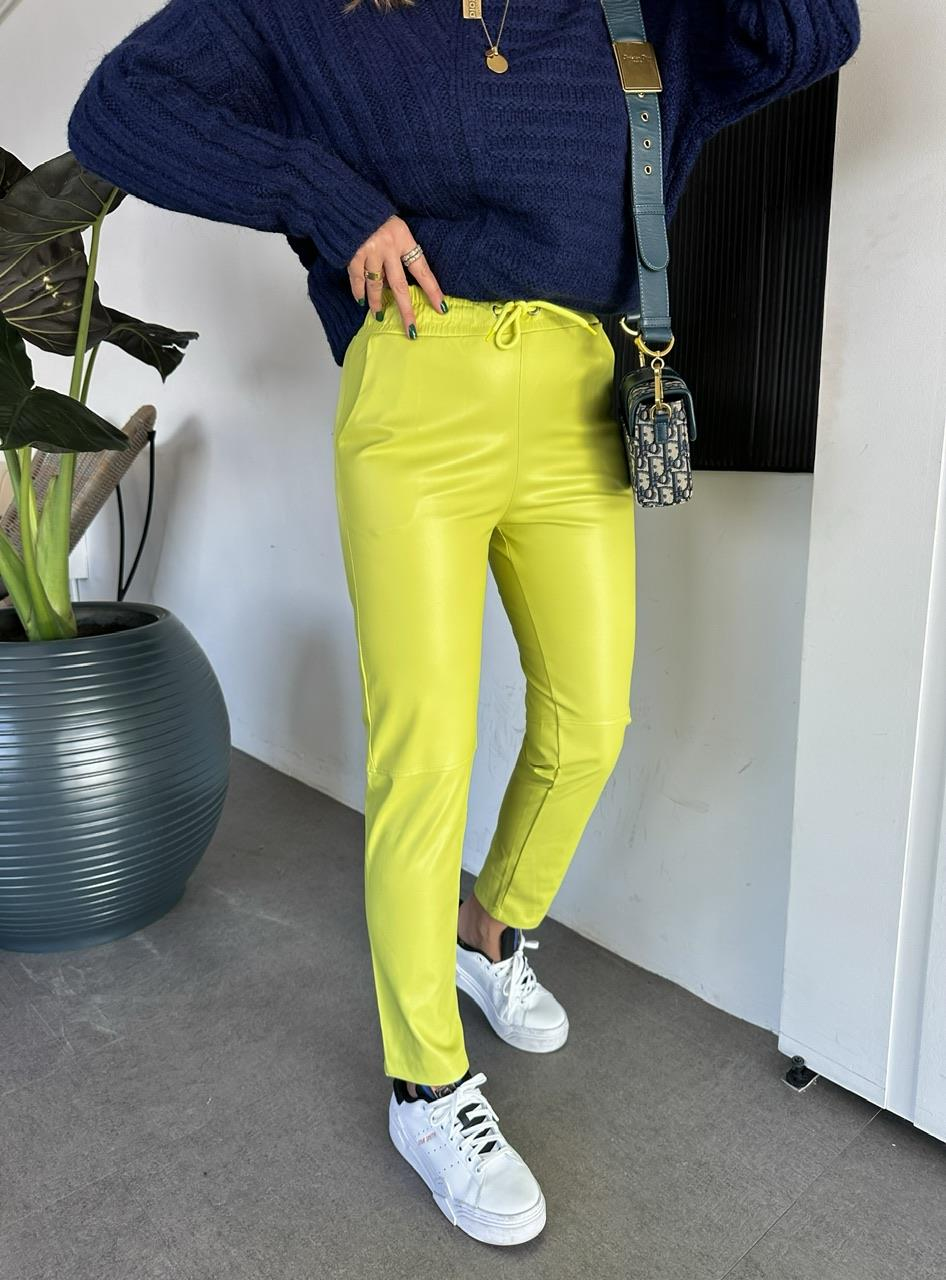 Fıstık Yeşili Beli Lastikli Basic Deri Pantolon